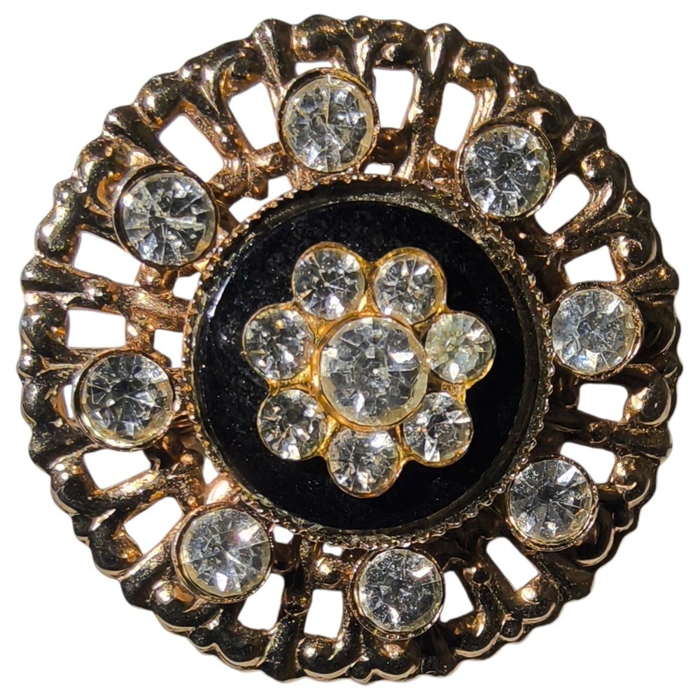 Vintage Victorian Revival Gold‎ Black Enamel Rhinestone Brooch Small Floral Pin